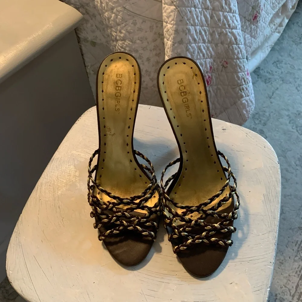 Vintage BCBGirls Brown Leather Woven High Heel Mules